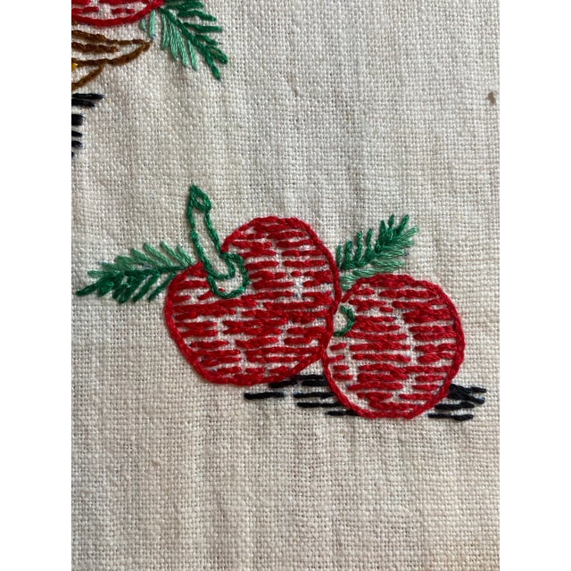 Textile Vintage 1950s Linen Tea Towels: Embroidered Fruit Baskets, Red Trim - a Pair For Sale - Image 7 of 9