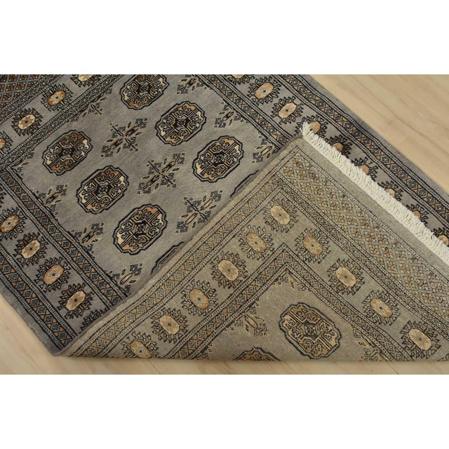 Bokhara Rug 3′ X 4’11” Gray Wool Tribal Hand-Knotted Oriental Carpet For Sale - Image 9 of 10