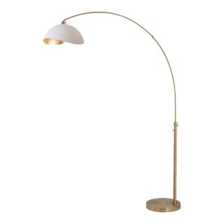 1960s Luna Bella Nova of California Brass Floor Lamp - 92" Modern Arc Lamp , Matte White/Gold Hemi-Sphere Shade, Dimmable For Sale
