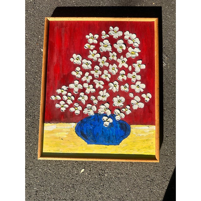 Abstract original floral oil on canvas. Stunning vintage impasto oil painting of white flowers in a blue bowl on a red and...