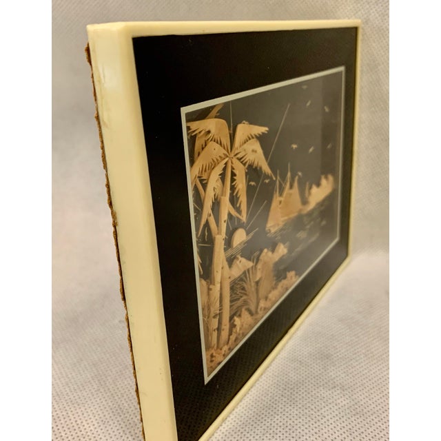 Unusual ocean view tropical scene with masted ship meticulously hand done in cork. All cut from a very thin sheet of cork...