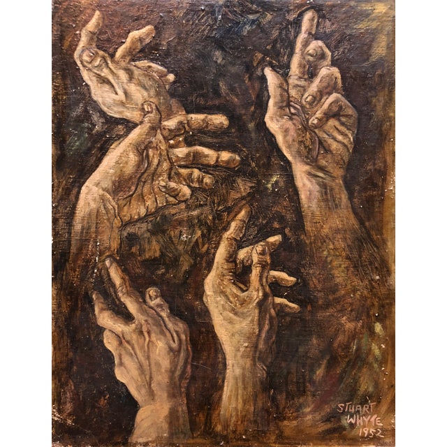 1950s Academic Realistic Study of Hands Oil Painting Signed Stuart Whyte In the manner of Auguste Rodin.