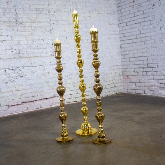 Metal 20th Century Moroccan Bohemian & Boho Chic Style Set of 3 Tiered Turned Brass Floor Candlesticks For Sale - Image 7 of 18