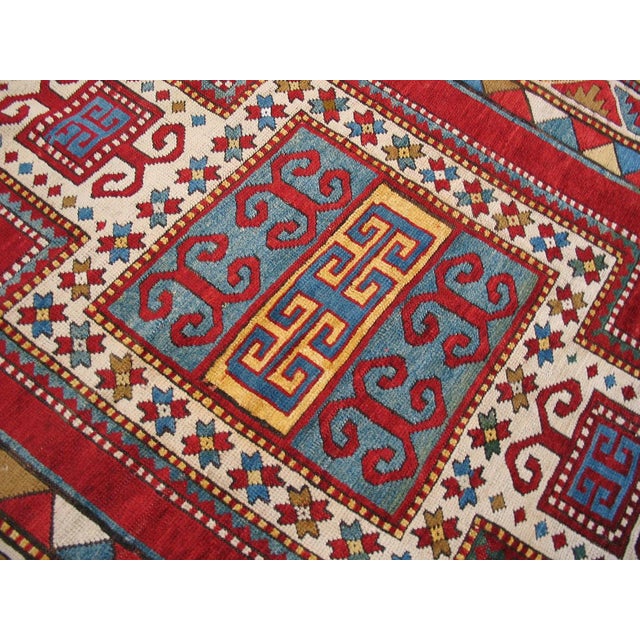 Ruby Red 1930s Ruby Red Abstract Tribal Antique Caucasian Kazak Rug 4'4" X 5'3" Knotted Wool Carpet For Sale - Image 8 of 9