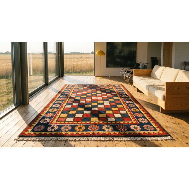 Textile 1930s Colorful Checks Tribal Antique S. Persian Gabbeh Rug 5'10" X 9'4" Handknotted Wool Carpet For Sale - Image 7 of 9