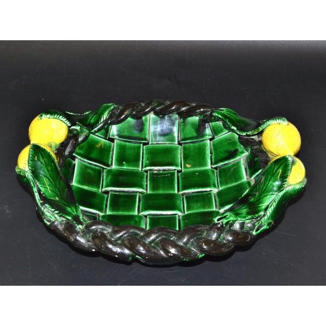 Ceramic Marked Vallauris France Ceramic Lemon Basket Green & Yellow Mid-Century Modern For Sale - Image 7 of 13