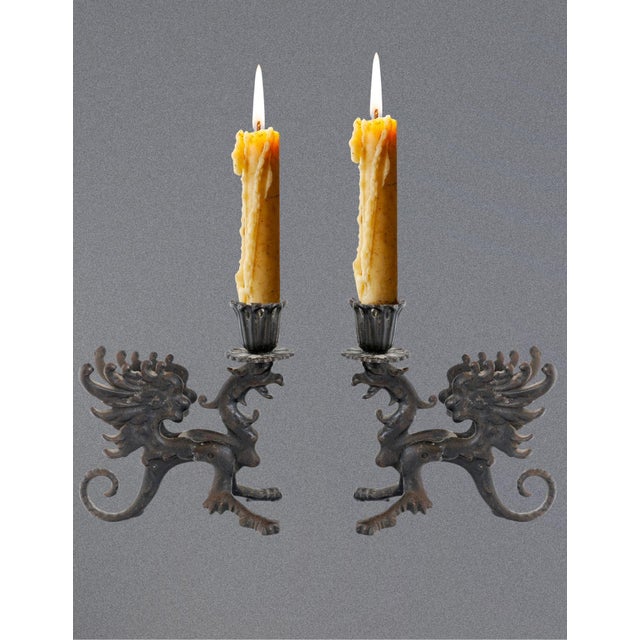 Metal Pair of Midcentury Cast Iron Dragon Candleholders For Sale - Image 7 of 8
