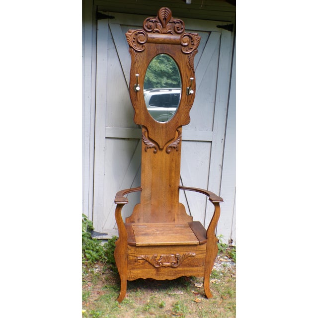 Brown Antique Arts & Crafts Solid Oak Hall Tree Entry Bench Beveled Mirror Coat Rack For Sale - Image 8 of 14