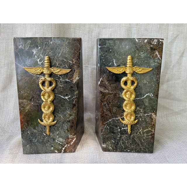 1980s 1980s Heavy Medical Caduceus Brown Gray Italian Marble Bookends a Pair For Sale - Image 5 of 15