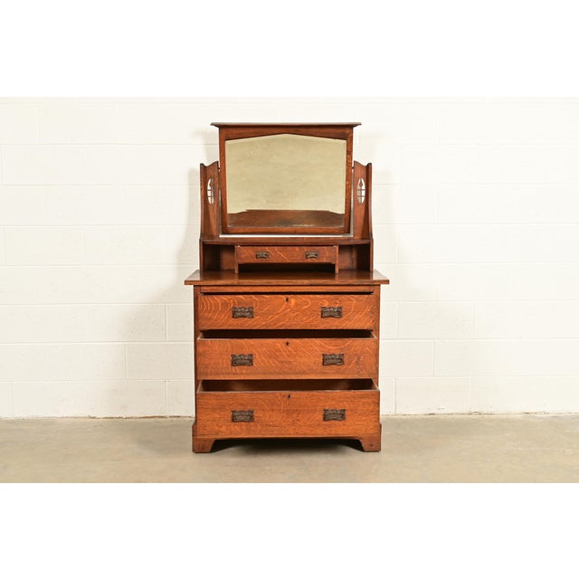 Early 20th Century Liberty & Co. Antique English Mission Oak Arts & Crafts Vanity Dresser With Mirror, Circa 1900 For Sale - Image 5 of 13