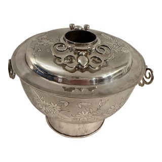 """Antique Chinese Silver Huoguo Incense Burner – Floral Etched Design For Sale