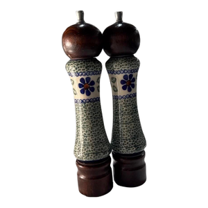 Ceramic Salt and Pepper Mill Hand Painted Unilateral Polish Dark Brown Wood 8.5” Set