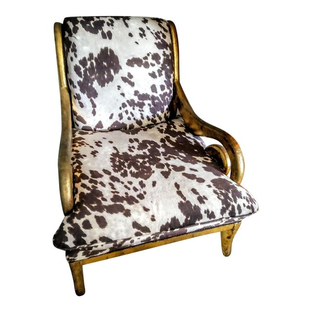 Vintage Large Custom Upholstered Faux Cow Hide Gold Carved Rounded Arm