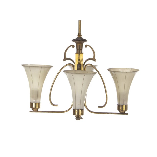 - Art Deco ceiling lamp with a patinated brass frame - Trumpet-shaped and striped glass shades - Manufactured in Denmark...