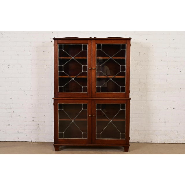 R. J. Horner Style Antique Arts & Crafts Mahogany Leaded Glass Bookcase, Circa 1920s For Sale - Image 12 of 12