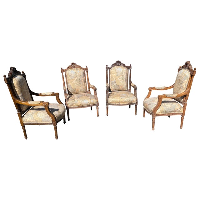 Circa 1900 French style carved beechwood chairs, now covered in vintage 77’ chinoiserie fabric upholstery, with pierced...