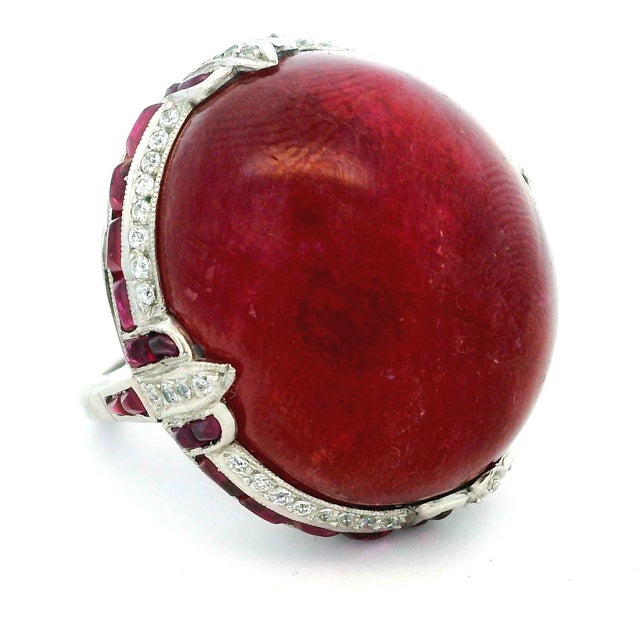 Vintage Platinum Cabochon Ruby, Ruby and Diamond Statement Ring, Size 6.5 For Sale - Image 4 of 15