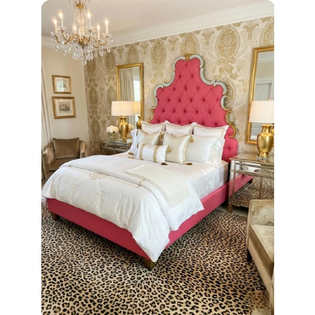 Custom Upholstered Queen Raspberry Schumacher Tufted Extra Tall Antique Mirrored Edge Hollywood Regency Bed Frame by Hooker For Sale - Image 13 of 13
