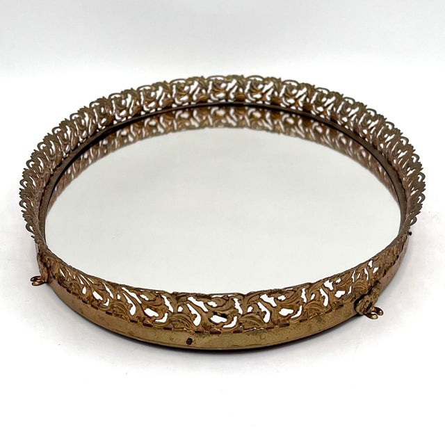 Vintage Hollywood Regency Gold Ormolu Filigree Mirrored Long Oval Tray For Sale - Image 10 of 13