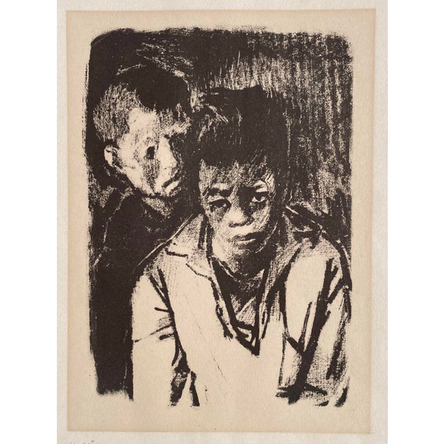 Original framed lithograph of two somber, young males by Hamed Abdalla, an influential figure in Egyptian and Arab...