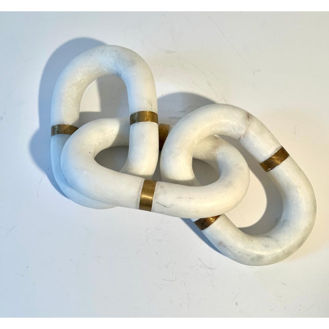 Mid-Century Modern Three Carrera Marble Links with Brass Details Paperweight of Sculptural For Sale - Image 3 of 7
