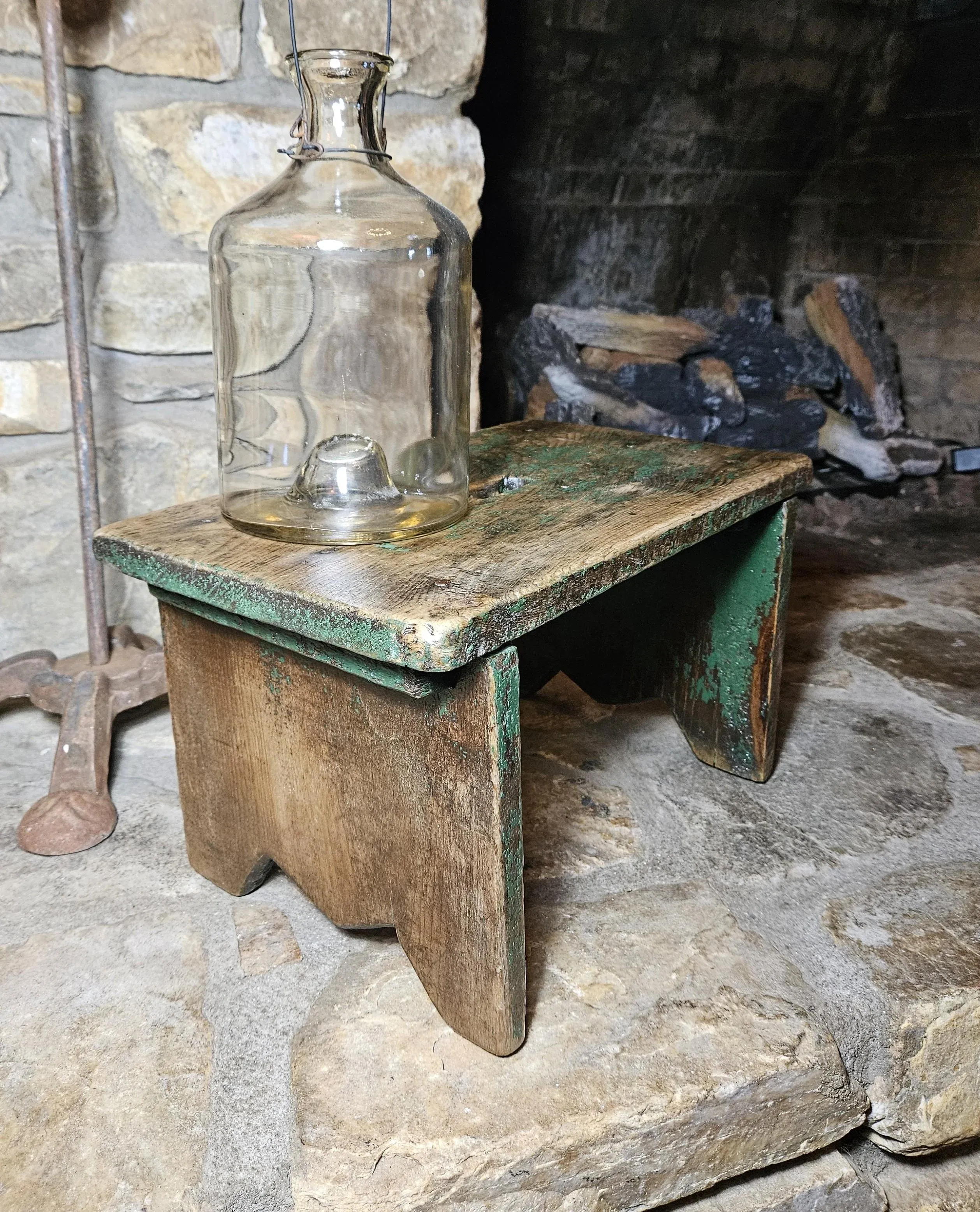 Early 20th Century Rustic Wooden Step Stool, Original Green Paint