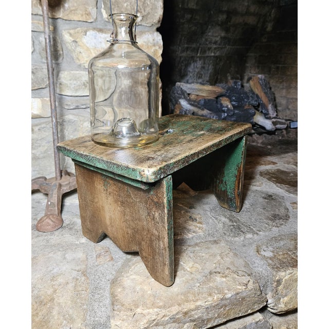 Cabin Early 20th Century Rustic Wooden Step Stool, Original Green Paint With Cut Out Hole For Sale - Image 3 of 14