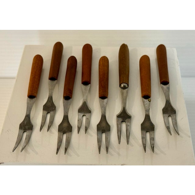 Vintage Japanese Mid-Century Stainless & Wood Cocktail Forks — Set of 9 For Sale - Image 9 of 11