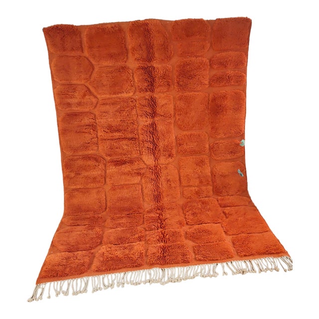 Terracotta Orange Carved Wool Moroccan Beni Mrirt Rug For Sale
