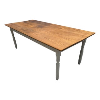 Vintage Farmhouse Dining Table With Turned Legs and Solid Pine Top For Sale