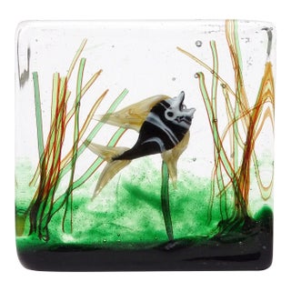 AVeM Murano Vintage Black White Yellow Fins Fish Swimming in Algae Italian Art Glass Aquarium Block For Sale
