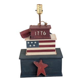 Handcrafted Americana-Style Patriotic Wooden Block Table Lamp For Sale