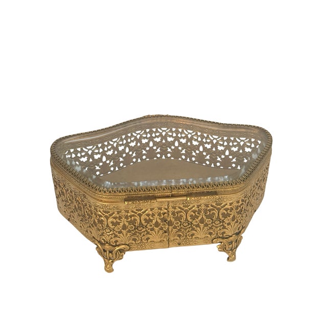 Gold Large Antique Gilt Metal Jewelry Casket Beveled Glass Rococo Floral Box C1900 For Sale - Image 8 of 14