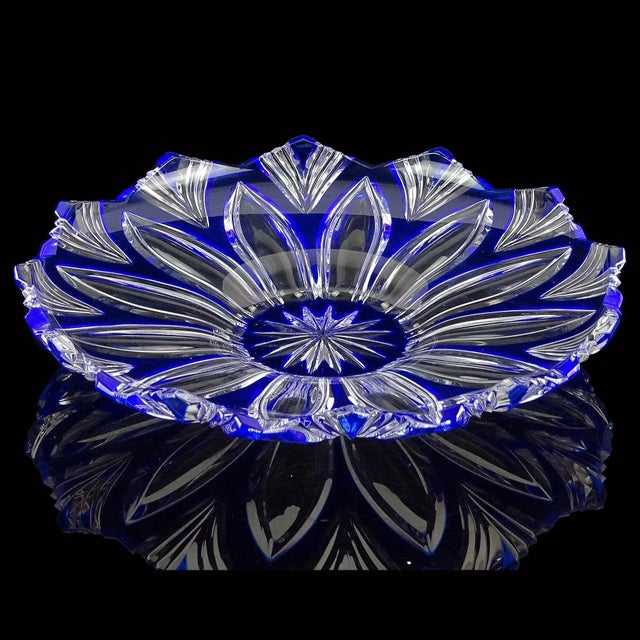 Bohemia Czech Republic Bohemian Caesar Blue Crystal Clear Decorative Flower Design Cut Glass Bowl Plate For Sale - Image 4 of 9
