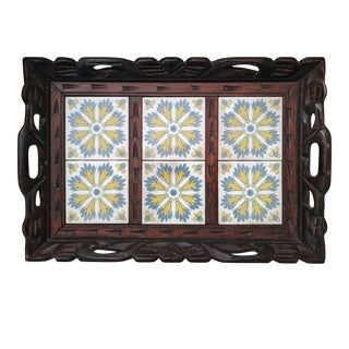 Mid Century Hand Carved Wooden Mexican Tiled Tray With Handles For Sale