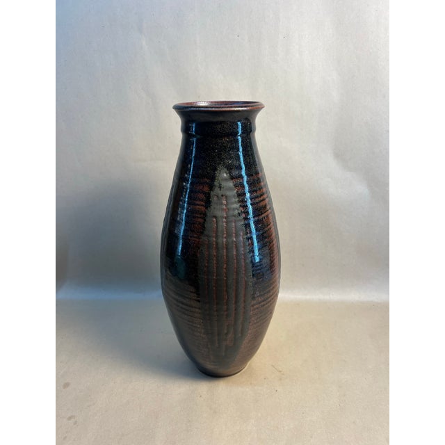 1980s Signed Plunkett Studio Pottery Vase 12” Stoneware Tenmoku Glaze For Sale - Image 5 of 8