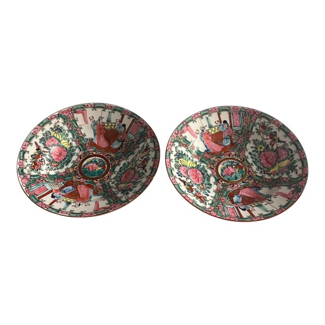Late 20th Century Chinese Porcelain Rose Medallion Shallow Bowls - Set of 2 For Sale