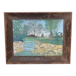 Unusual Folk Art Riverside Landscape Painting For Sale