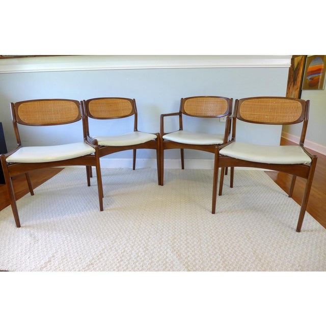 1960s Kofod Larsen for Selig Cane Back Walnut Dining Chairs with White Leather Seats Set of 4