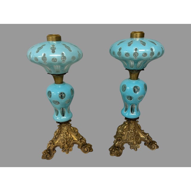 Late 19th Century Pair of Antique Cutback Cased Glass Table Oil Lamps With Ornate Gilt Metal Bases For Sale - Image 5 of 7