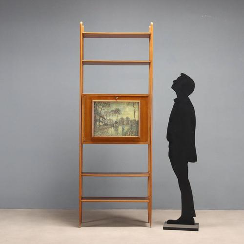 Bookcase with drop-down storage. Made of beech wood and mahogany veneer, with a decorative print on the door and clear...