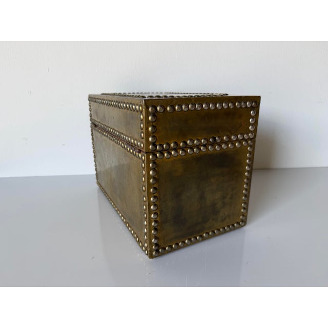 Wood Vintage Sarreid Ltd. Style Brass Nailhead Lidded Decorative Box With Key For Sale - Image 7 of 12