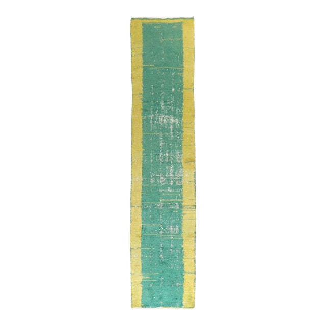 Vintage Zabihi Collection Bright Green Yellow Worn Turkish Runner - 2'3" x 10'8" For Sale
