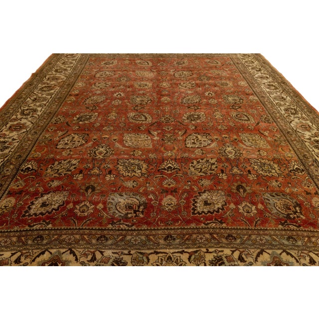 Textile 11 X 14 Allover Antique Tabriz Persian Wool Rug Handmade in Burnt Orange For Sale - Image 7 of 9
