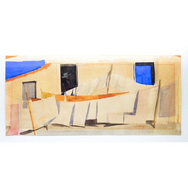 Paper Mid 20th Century Village Laundry Line Watercolor Painting For Sale - Image 7 of 7