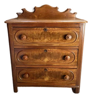 Antique American Empire Walnut Burl Veneer Chest of Drawers Dresser With Scalloped Crest, Circa 1840