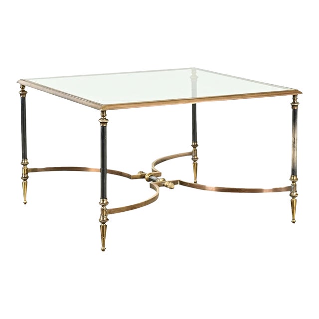 French Mid-Century Brass & Glass Square Coffee Table For Sale