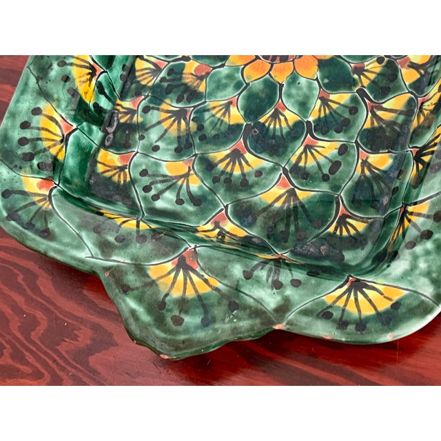 Anthropologie Vintage Mexican Talavera Style Green Rectangular Dish With Sunflower For Sale - Image 4 of 7