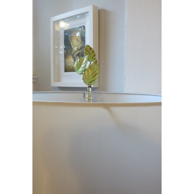 Mid-Century Modern Vintage Tole Leaf Lamp Finials, Pale Green & Patina Gold Italian , Pair For Sale - Image 3 of 4