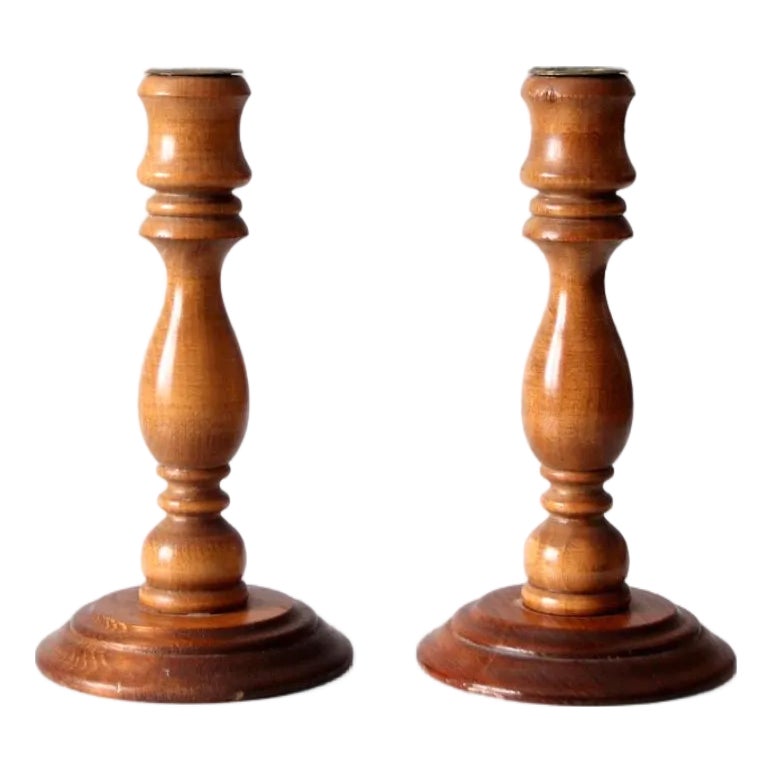 Vintage Turned Wood Candlestick Holders Pair | Chairish